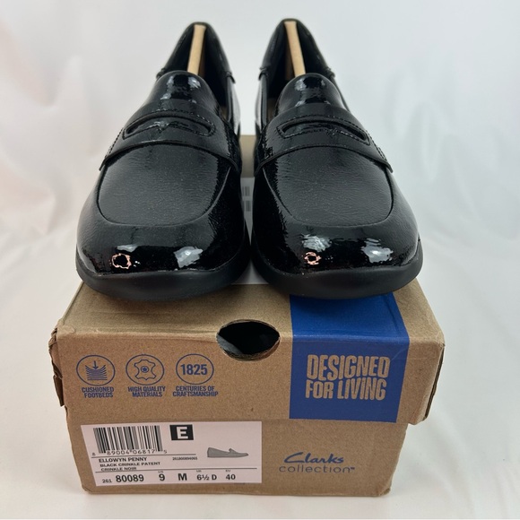 Clarks Black Ellowyn Penny crinkle patent Slip-On Loafers - Picture 2 of 7